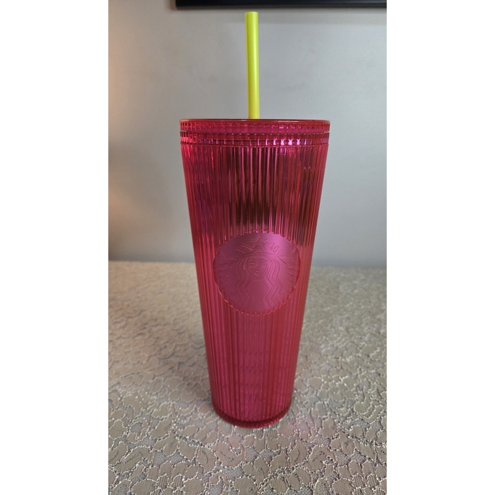 Starbucks‎ Pleated Neon Magenta Pink Venti Tumbler Bling Cold Cup Summer 2023